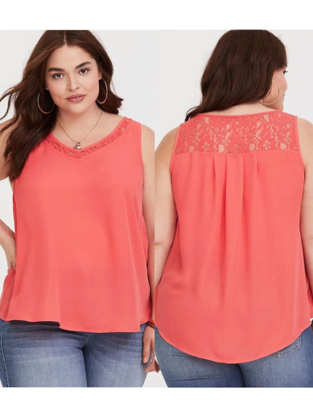 NEW NWT TORRID 2 Plus Size Pink Lace Georgette Tank Watermelon Sleeveless Blouse